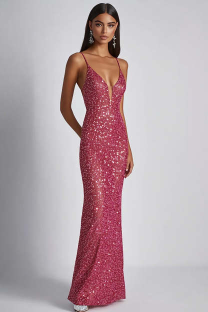 Leely Women Sparkly Fuchsia Sheath Sequined Formal Dress Spaghetti Straps V-Neck Long Evening Dress