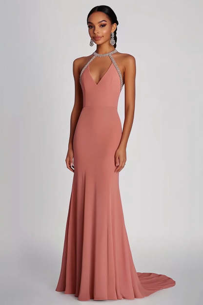 Leely Women Pink Halter Sheath Formal Dress with Beading V-Neck Floor Length Wedding Guest Dress