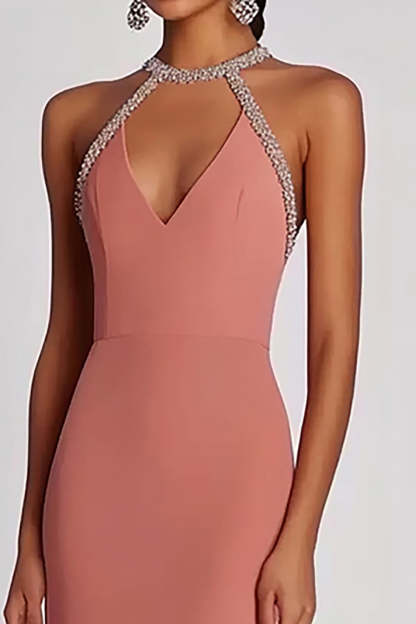 Pink Halter Sheath Floor Length Formal Dress with Beading