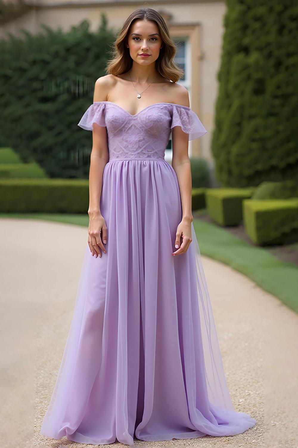 A Line Off the Shoulder Lilac Long Formal Dress with Lace