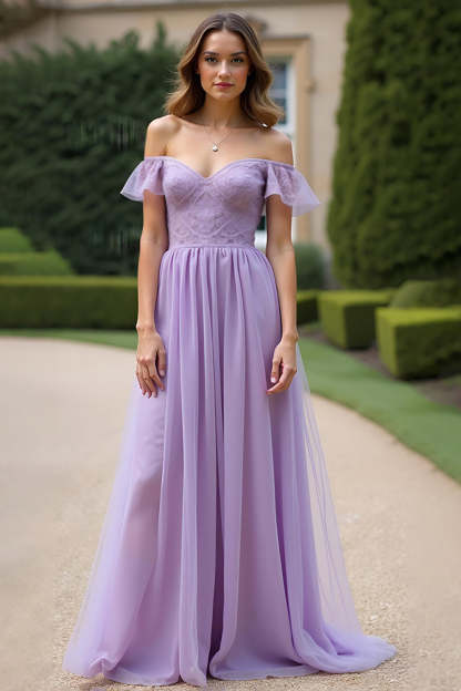 Leely Women A Line Flowy Lilac Formal Dress Off the Shoulder Ruched Lace Long Wedding Guest Dress