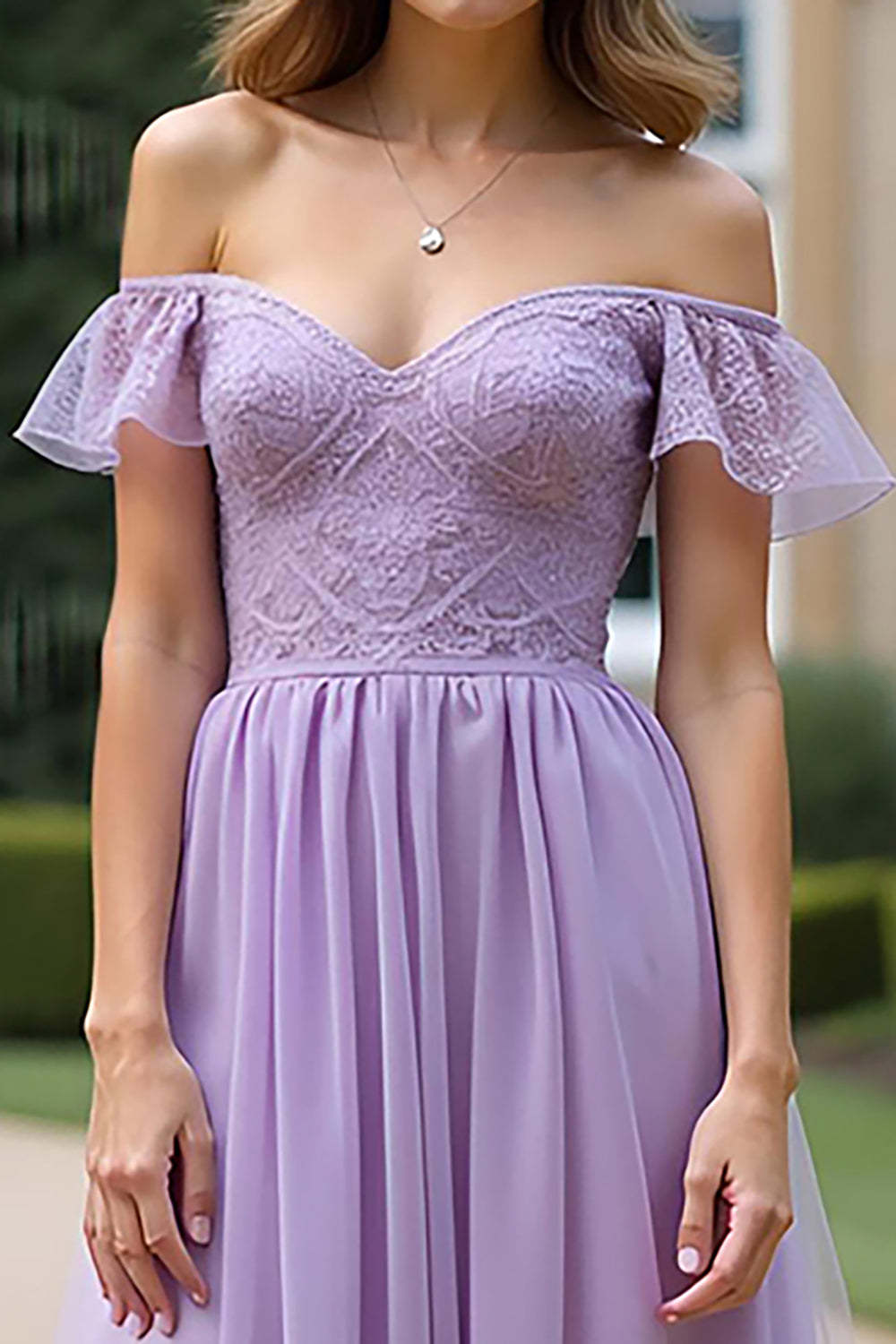 A Line Off the Shoulder Lilac Long Formal Dress with Lace