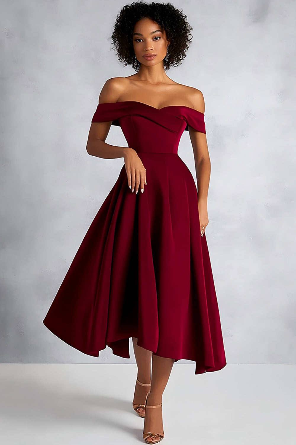 Leely Women Burgundy A Line Satin Formal Dress Off the Shoulder Tea-Length Petite Wedding Guest Dress