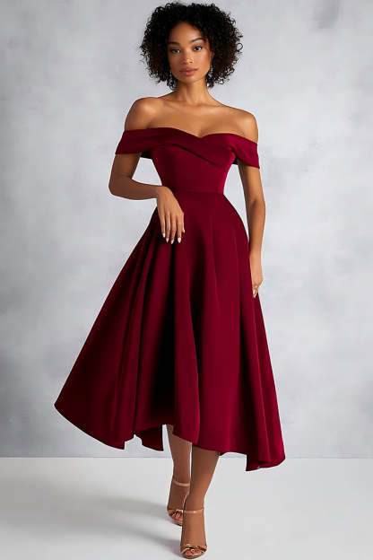 Leely Women Burgundy A Line Satin Formal Dress Off the Shoulder Tea-Length Petite Wedding Guest Dress