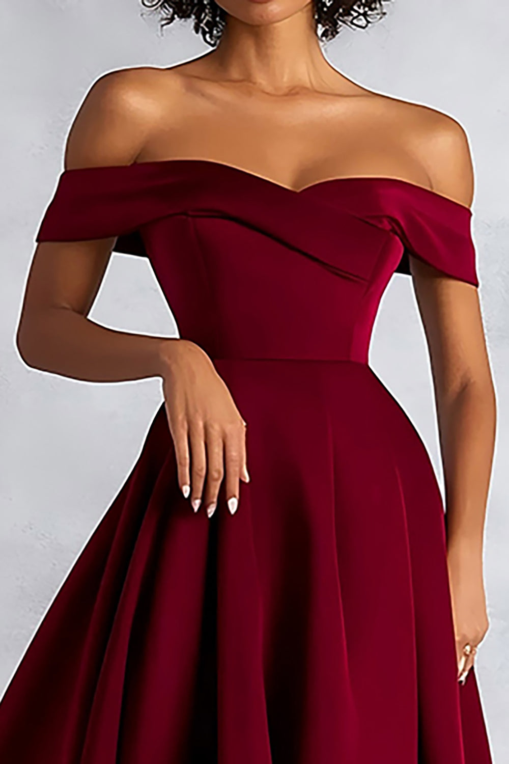 Burgundy A Line Off the Shoulder Tea-Length Formal Dress