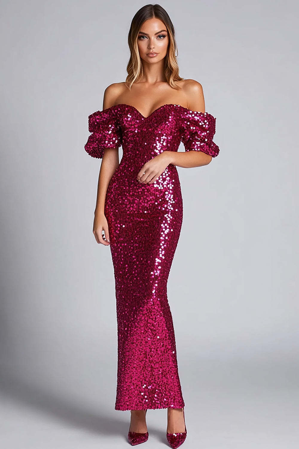 Leely Women Fuchsia Sparkly Sheath Formal Dress Off the Shoulder Sequined Long Evening Dress