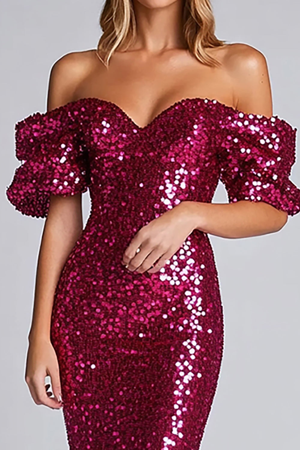 Fuchsia Off the Shoulder Sparkly Sheath Sequined Long Formal Dress