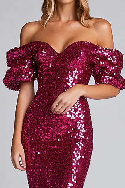Fuchsia Off the Shoulder Sparkly Sheath Sequined Long Formal Dress