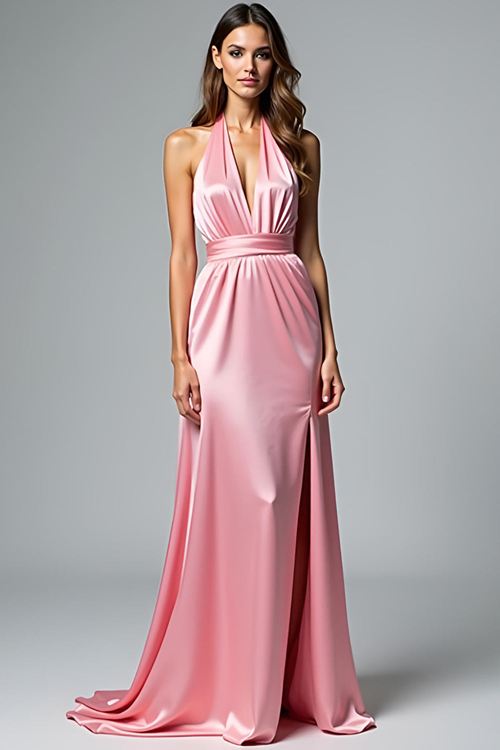 Leely Women Backless Pink Halter Sheath Satin Formal Dress with Slit Column Ruched Long Evening Dress