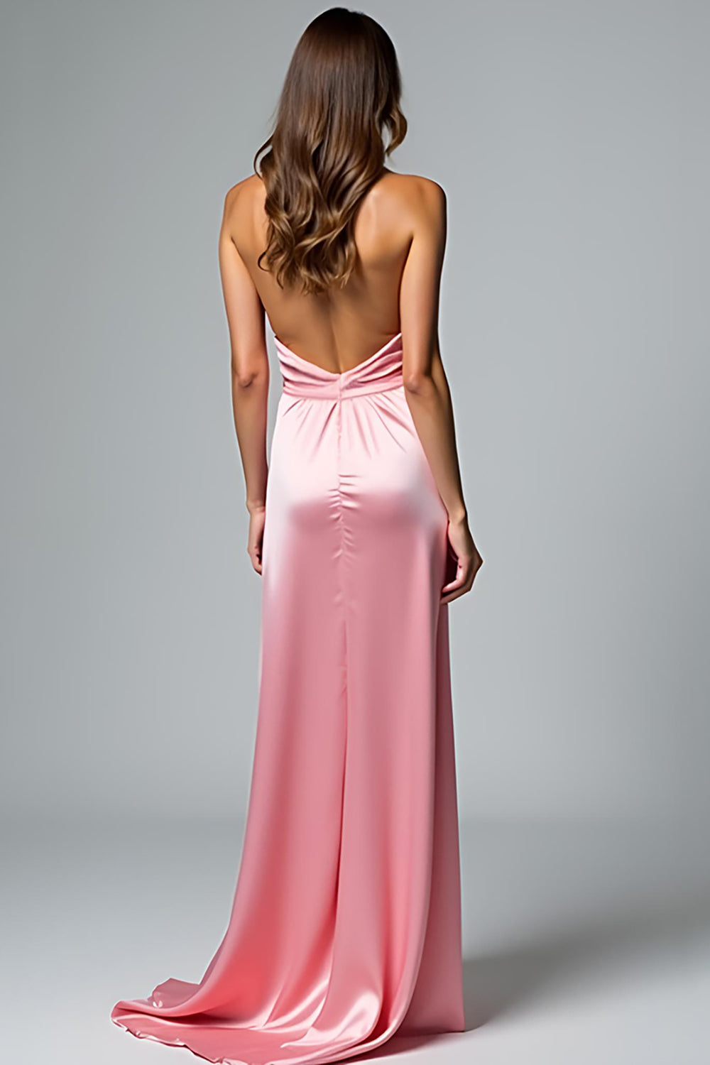Pink Halter Satin Sheath Long Formal Dress with Slit