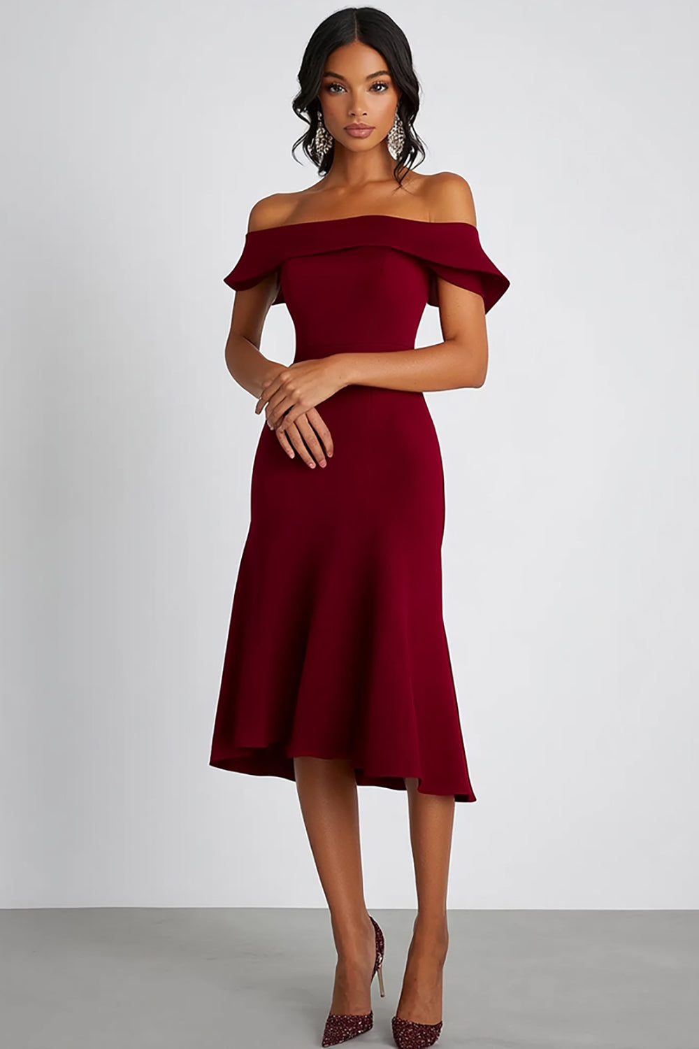 Leely Women Elegant Burgundy Off the Shoulder Formal Dress Sheath Knee-Length Petite Wedding Guest Dress