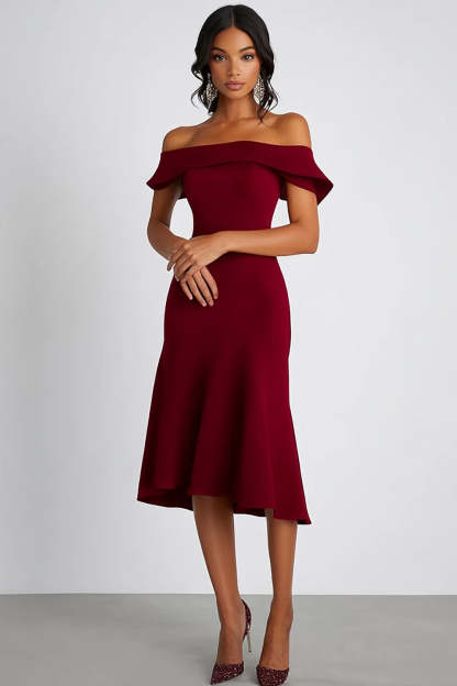 Leely Women Elegant Burgundy Off the Shoulder Formal Dress Sheath Knee-Length Petite Wedding Guest Dress