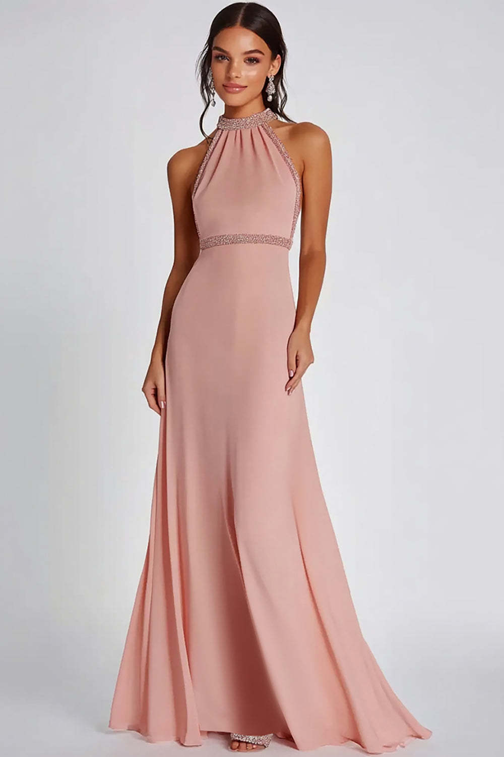 Leely Women Halter Pink A Line Beaded Formal Dress Chiffon Sleeveless Long Wedding Guest Dress