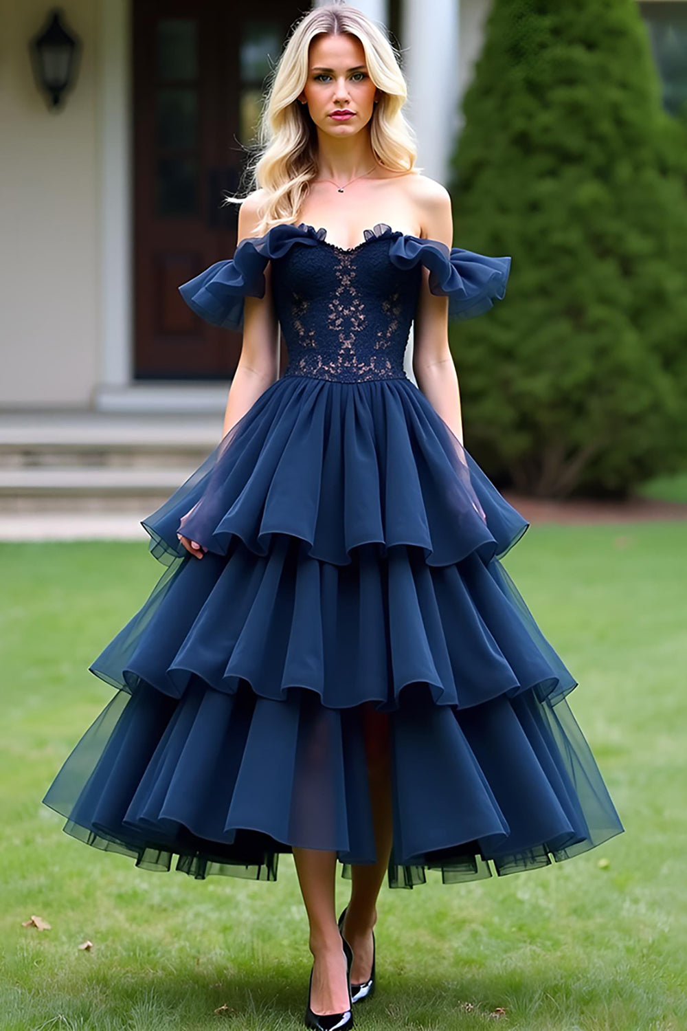 Off the Shoulder Navy A Line Tiered Tea-Length Formal Dress with Ruffles