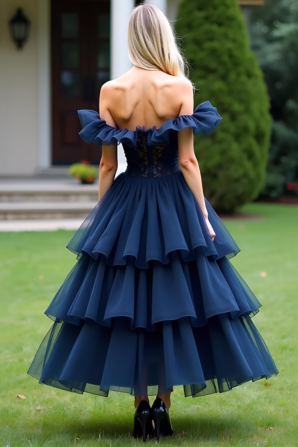 Off the Shoulder Navy A Line Tiered Tea-Length Formal Dress with Ruffles