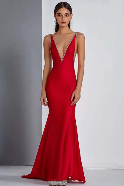 Leely Women Elegant Sheath V-Neck Red Formal Dress with Beading Floor-Length Long Evening Dress