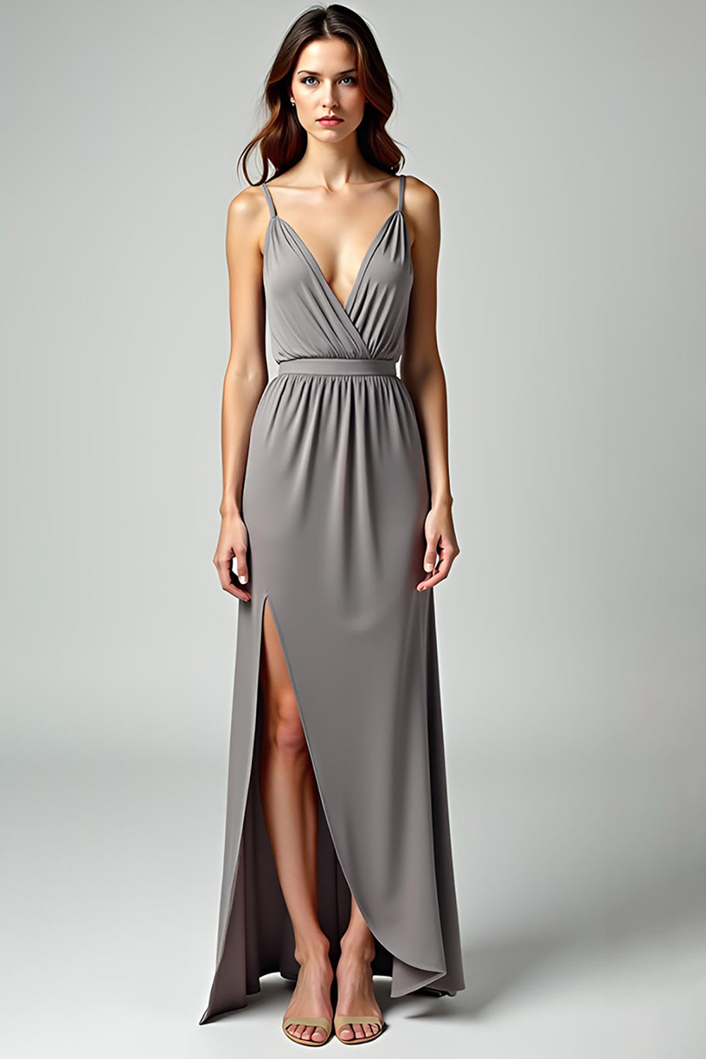 Grey Spaghetti Straps Sheath Backless Long Formal Dress with Slit