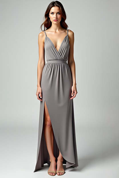 Leely Women Grey Sheath Long Formal Dress with Slit Spaghetti Straps Deep V-Neck Backless Long Wedding Guest Dress