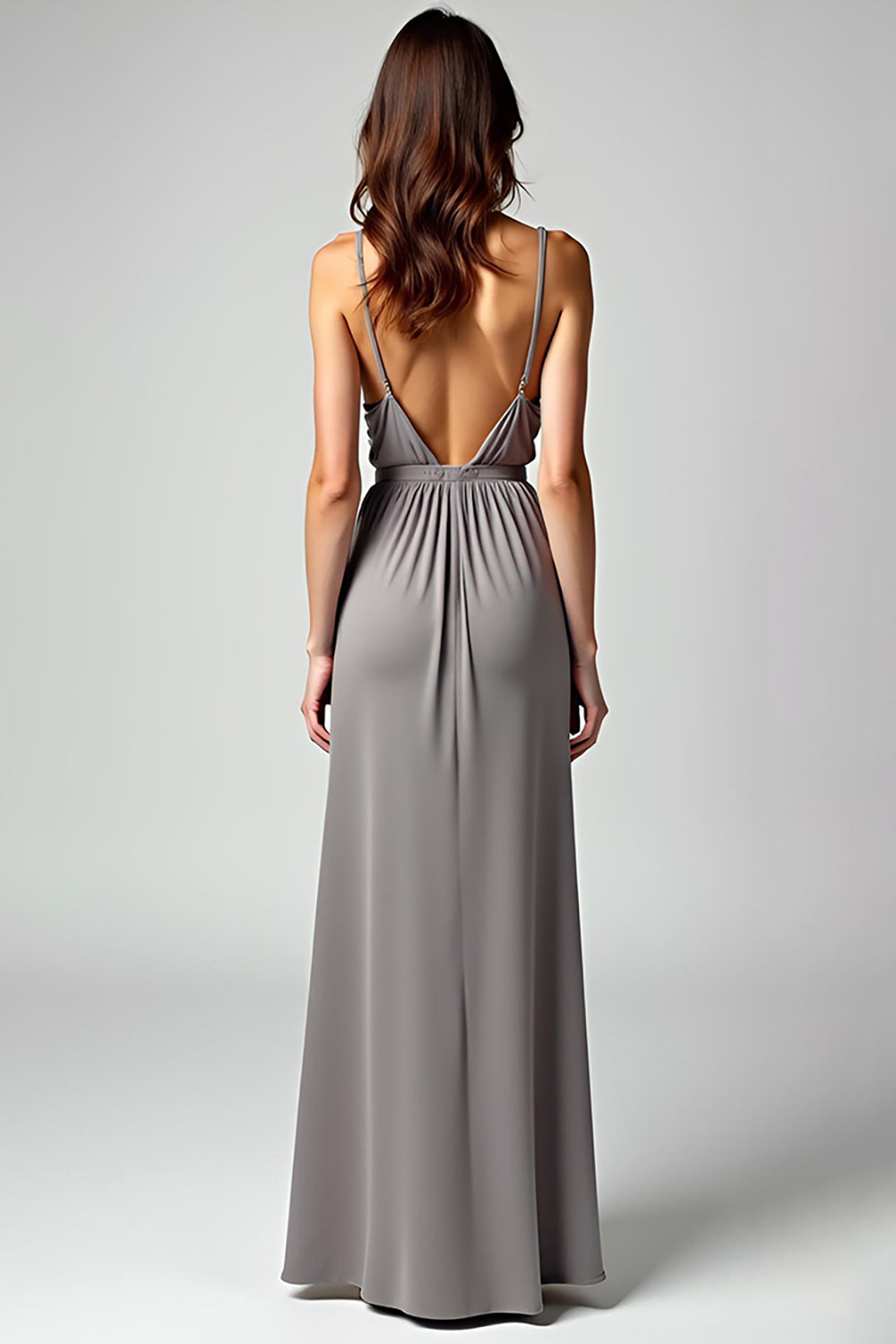 Grey Spaghetti Straps Sheath Backless Long Formal Dress with Slit