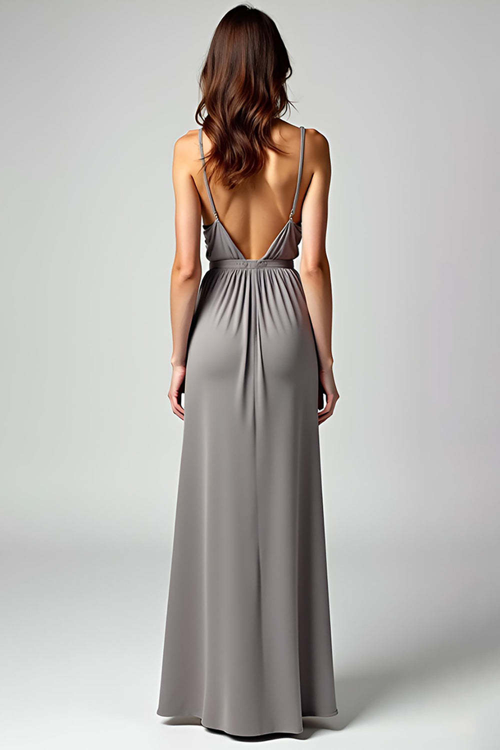 Grey Spaghetti Straps Sheath Backless Long Formal Dress with Slit