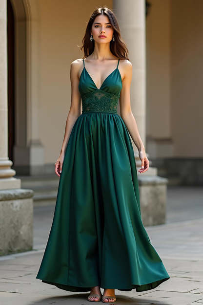 Leely Women A Line Dark Green Satin Formal Dress Spaghetti Straps V-Neck Long Wedding Guest Dress