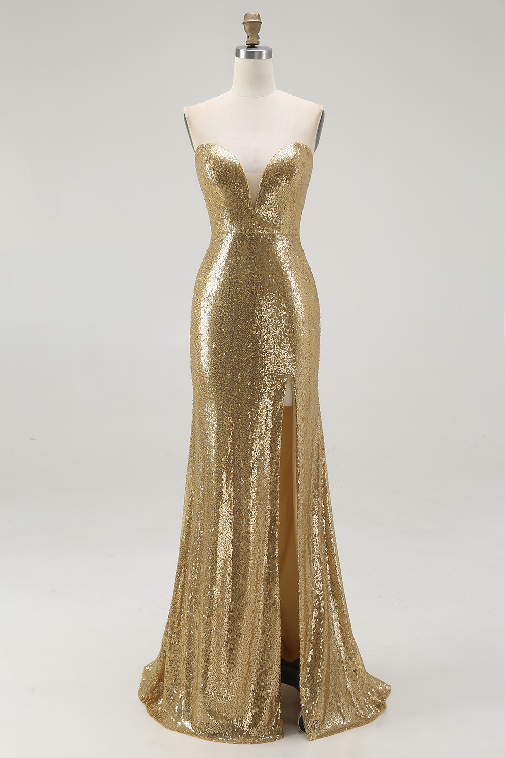 Sparkly Strapless Gold Mermaid Sequined Formal Dress with Slit