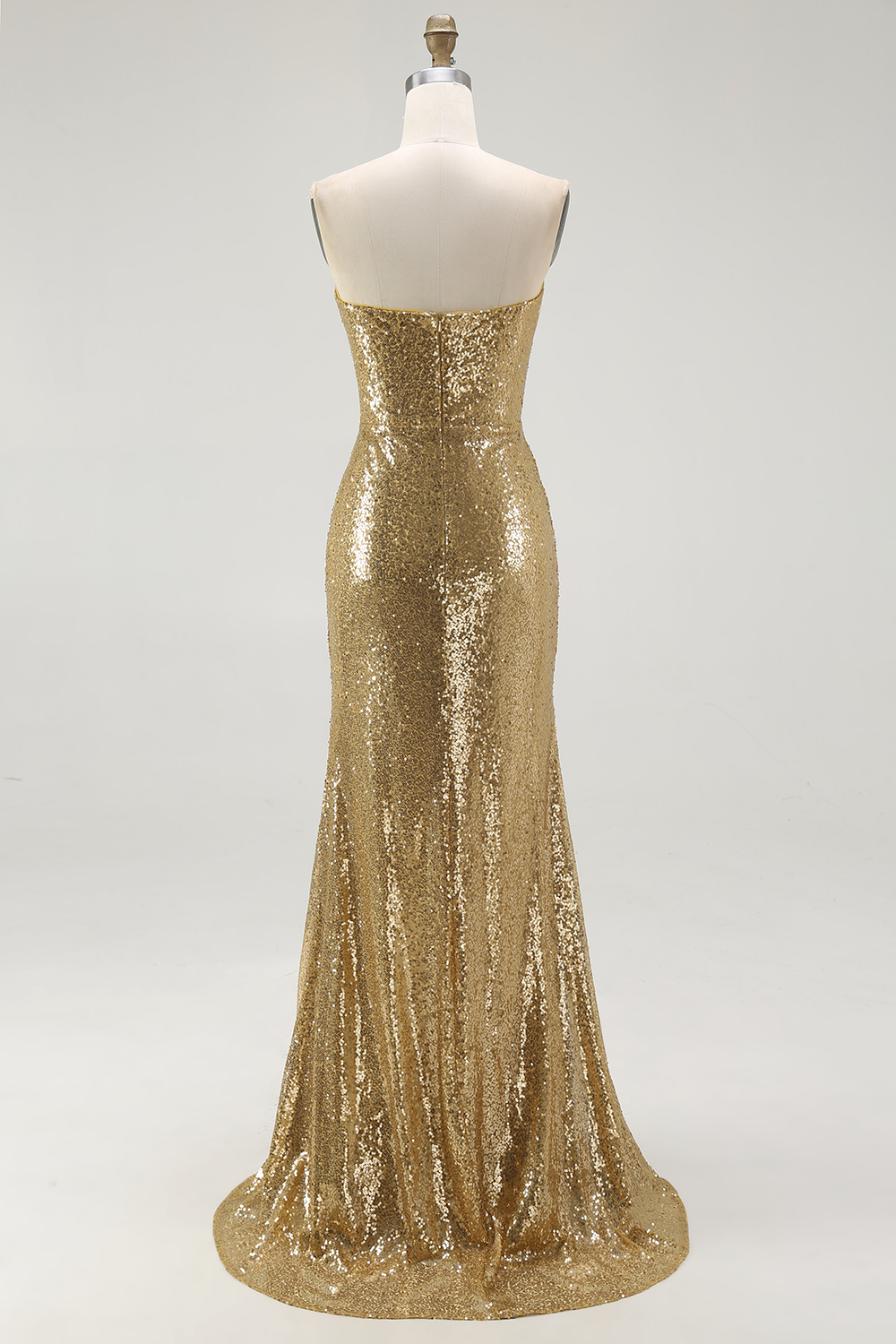 Sparkly Strapless Gold Mermaid Sequined Formal Dress with Slit