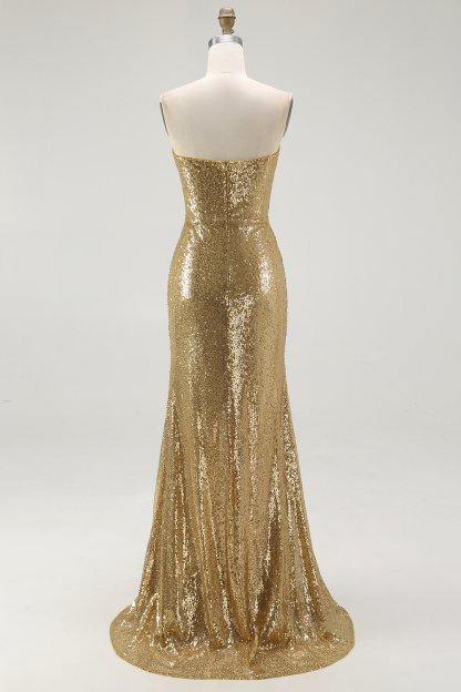 Sparkly Strapless Gold Mermaid Sequined Formal Dress with Slit