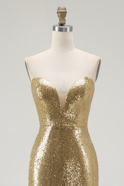 Sparkly Sweetheart Gold Mermaid Sequin Maxi Formal Dress with Slit
