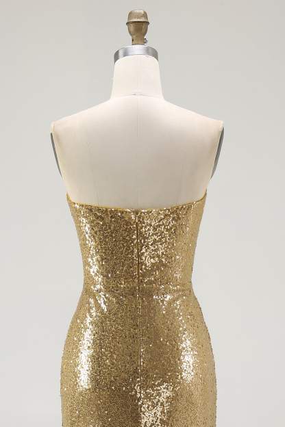 Sparkly Sweetheart Gold Mermaid Sequin Maxi Formal Dress with Slit