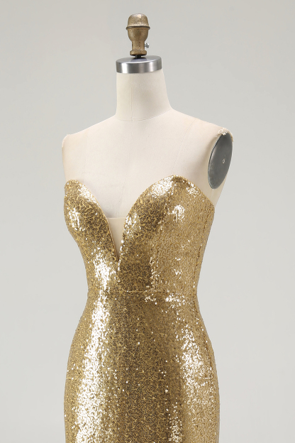 Sparkly Sweetheart Gold Mermaid Sequin Maxi Formal Dress with Slit