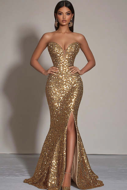 Leely Women Sparkly Gold Mermaid Long Sequined Formal Dress with Slit Strapless Sweetheart Evening Dress