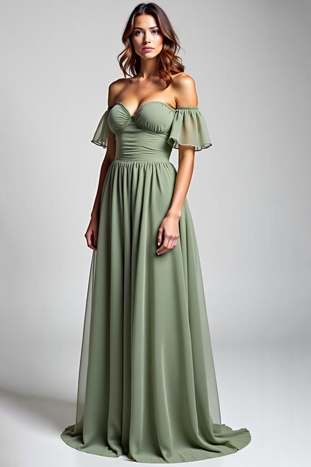Dusty Sage Off the Shoulder Long A Line Chiffon Formal Dress