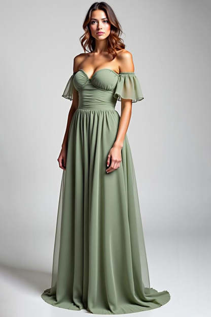 Leely Women Dusty Sage Long Chiffon A Line Formal Dress Ruffled Sweetheart Off the Shoulder Wedding Guest Dress