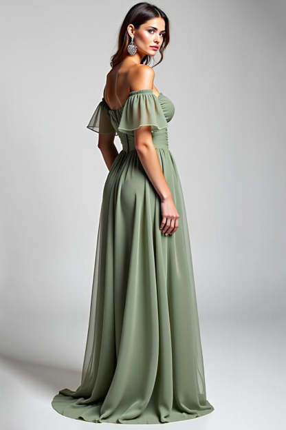 Dusty Sage Off the Shoulder Long A Line Chiffon Formal Dress