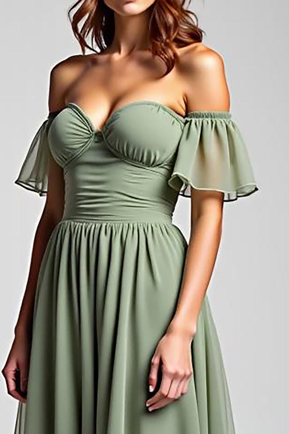 Dusty Sage Off the Shoulder Long A Line Chiffon Formal Dress
