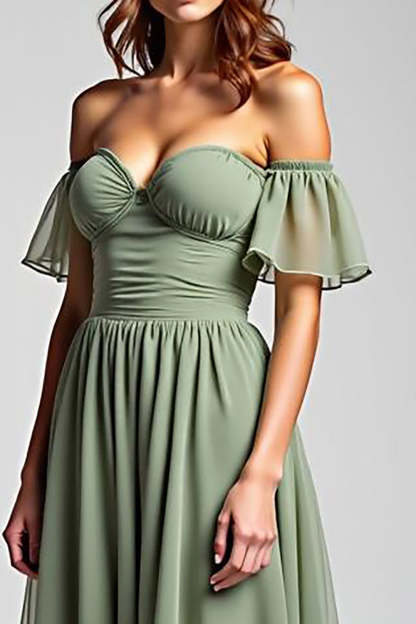 Dusty Sage Off the Shoulder Long A Line Chiffon Formal Dress