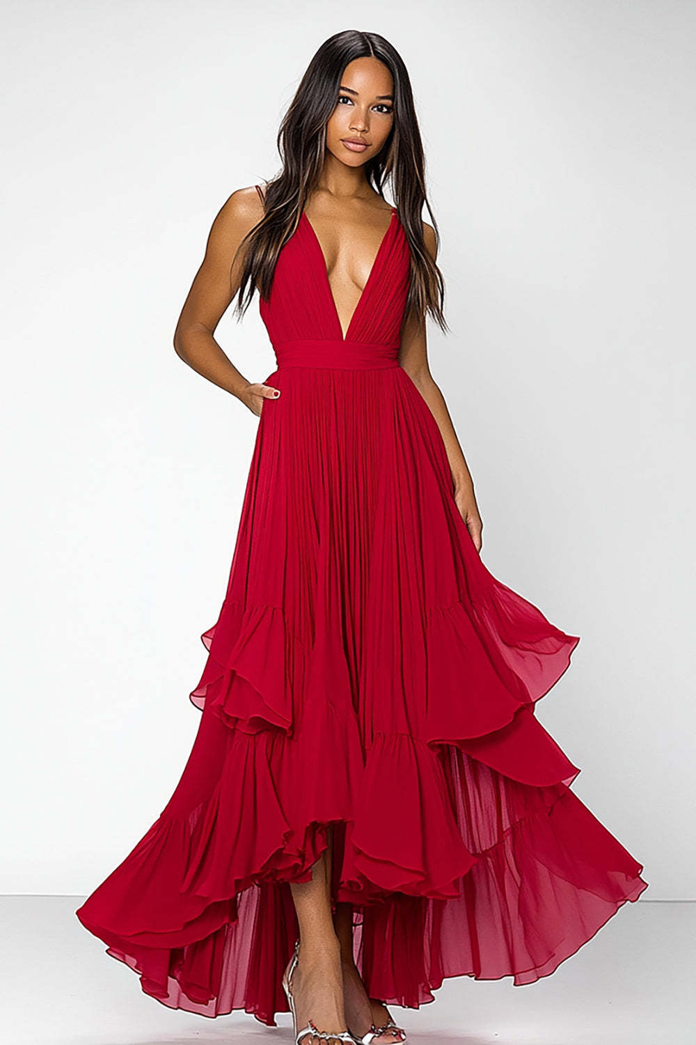 Leely Women A Line Red V-Neck Chiffon Long Formal Dress Ruffled Sleeveless Wedding Guest Dress