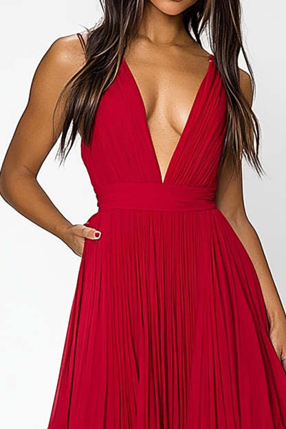 A Line Red V-Neck Ruffled Chiffon Long Formal Dress