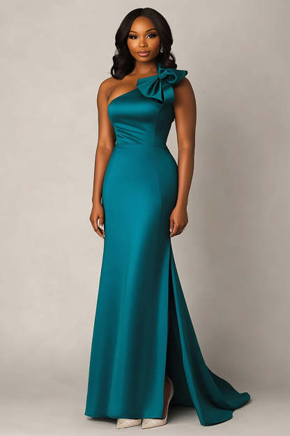 Leely Women Peacock Satin Long Formal Dress with Bowknot One Shoulder Sheath Wedding Guest Dress