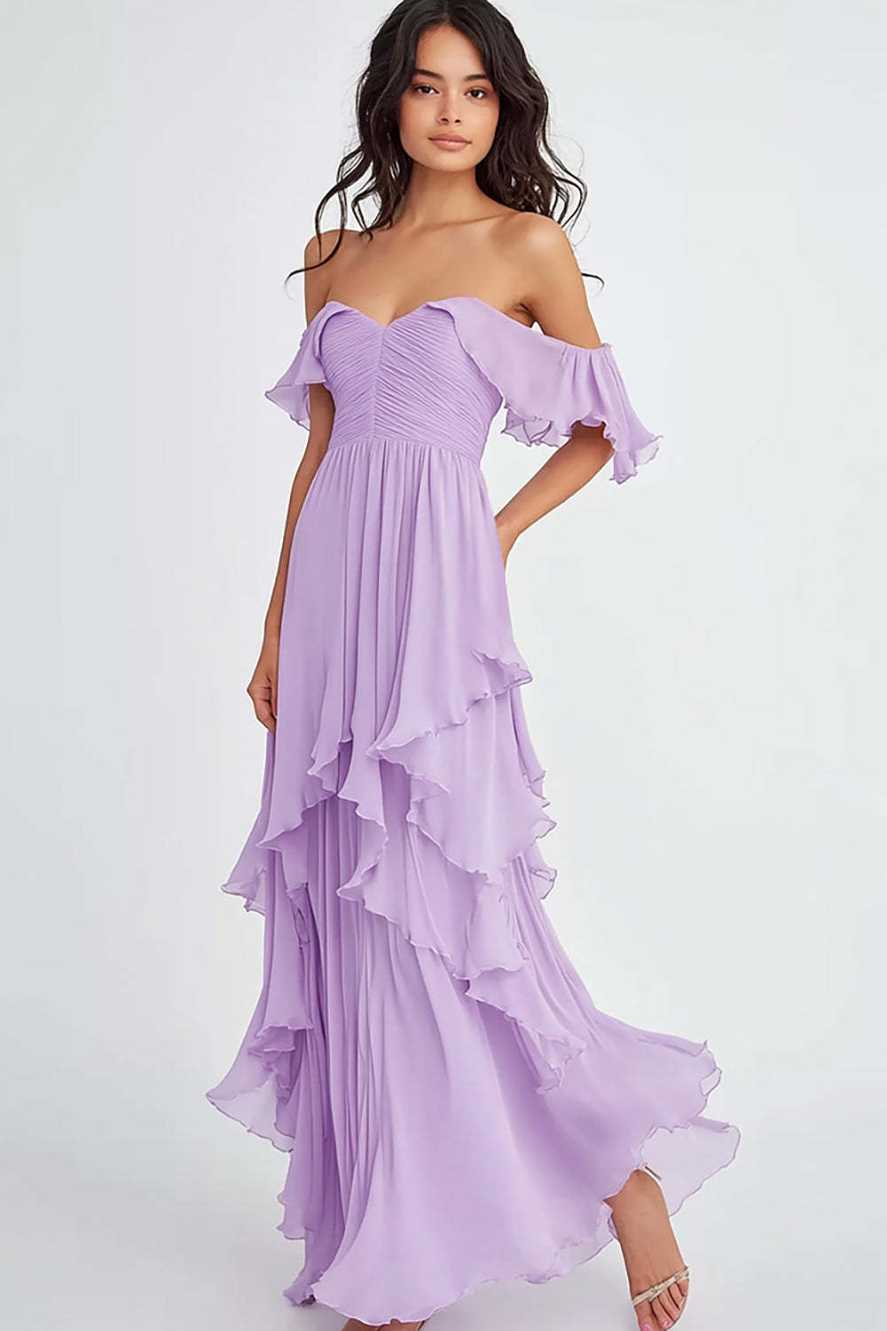 Leely Women Lilac Off the Shoulder Ruffled Long Formal Dress Chiffon Flowy Wedding Guest Dress