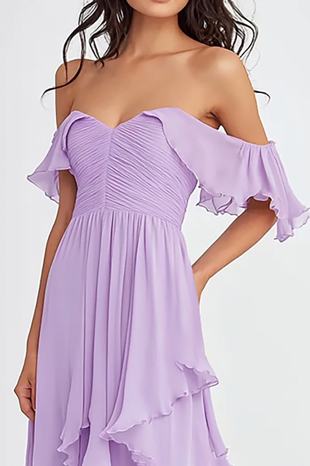 Lilac Off the Shoulder Ruffled Flowy A Line Long Formal Dress