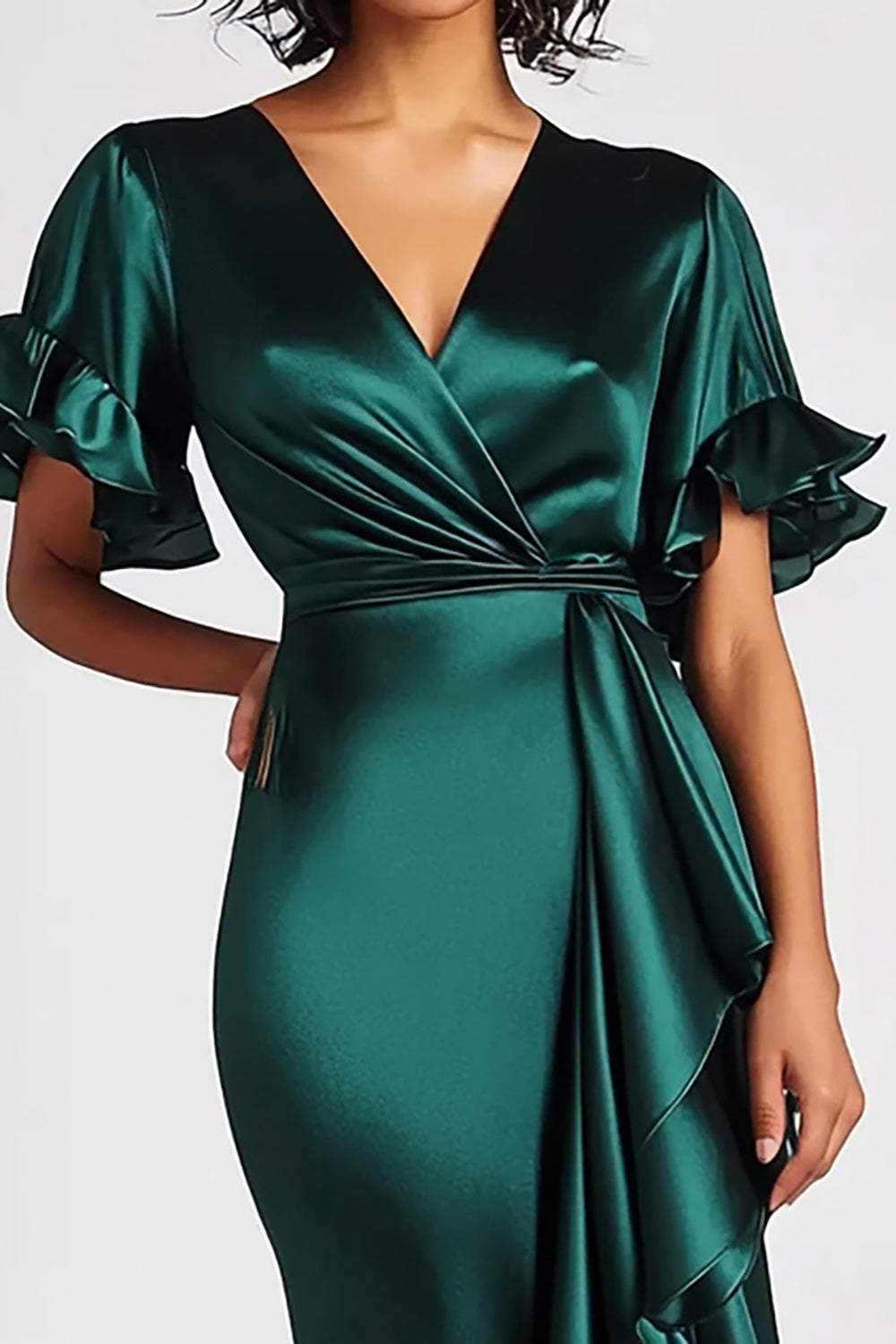 Dark Green Mermaid V Neck Long Satin Formal Dress