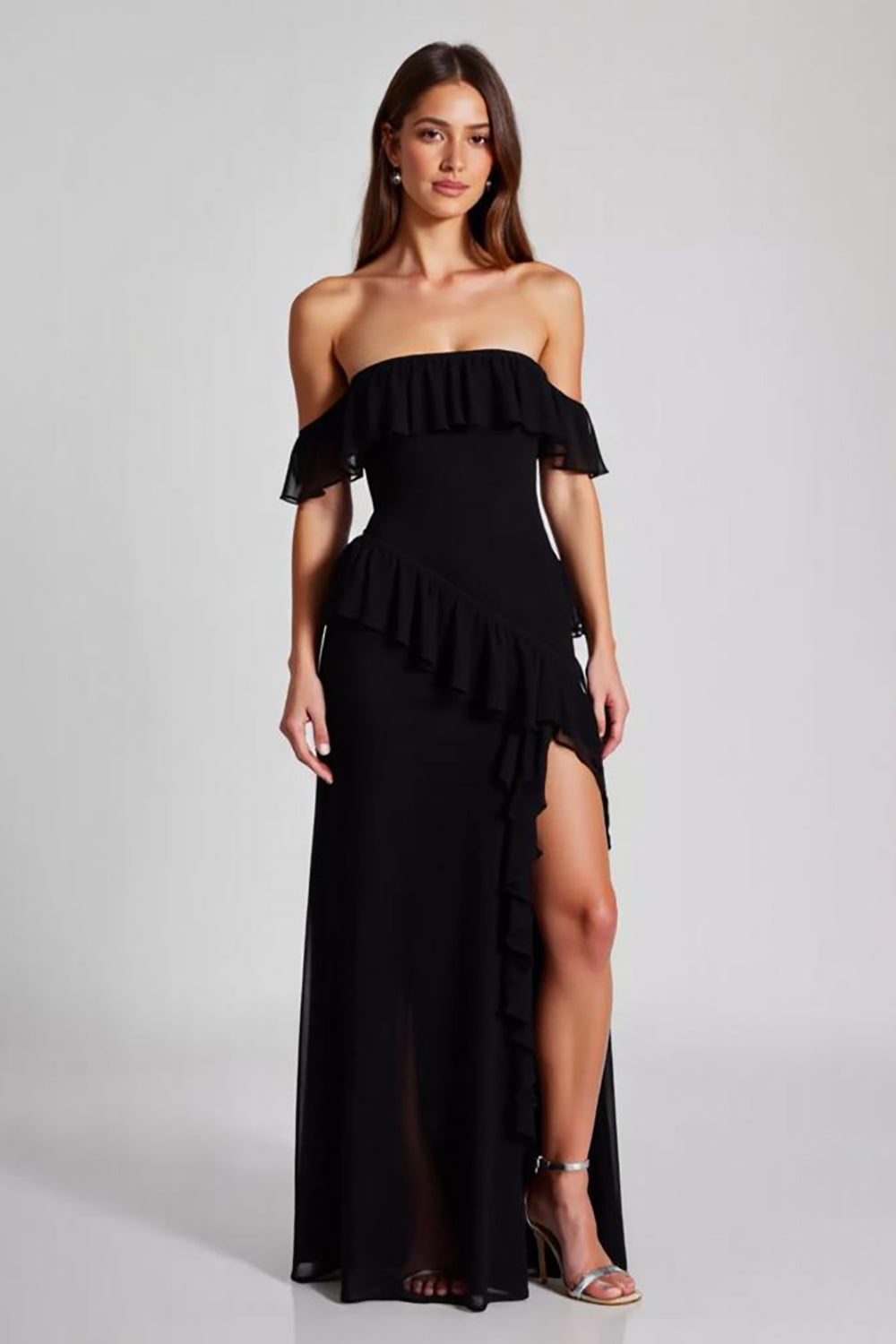 Black Off the Shoulder Chiffon Ruffled Formal Dress with Slit