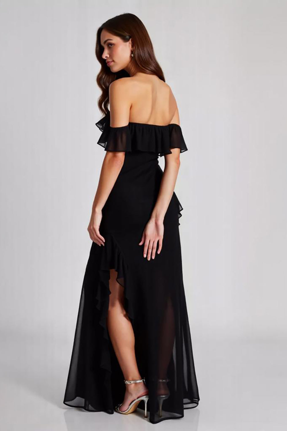 Black Off the Shoulder Chiffon Ruffled Formal Dress with Slit
