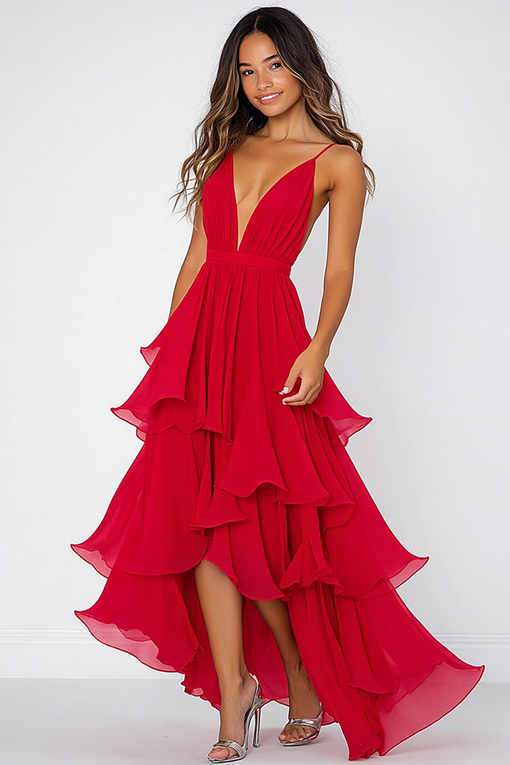 Leely Women Red A Line Asymmetrical Ruffled Long Chiffon Formal Dress V-Neck Cocktail Dress