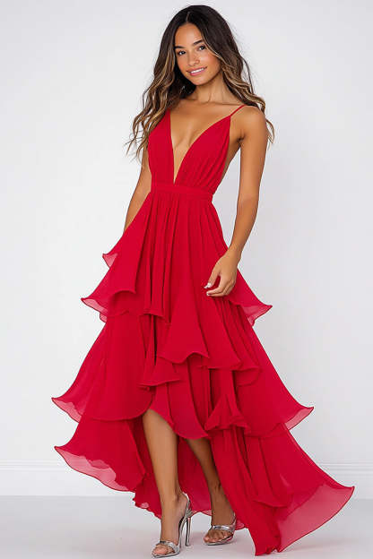 Leely Women Red A Line Asymmetrical Ruffled Long Chiffon Formal Dress V-Neck Cocktail Dress