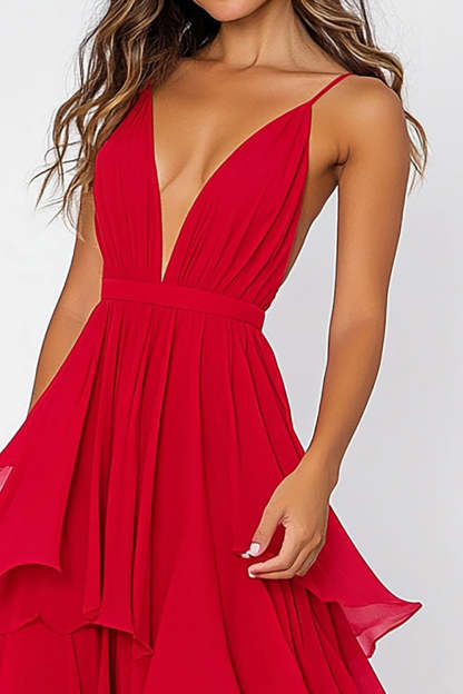 Red V-Neck A Line Long Chiffon Formal Dress with Ruffles