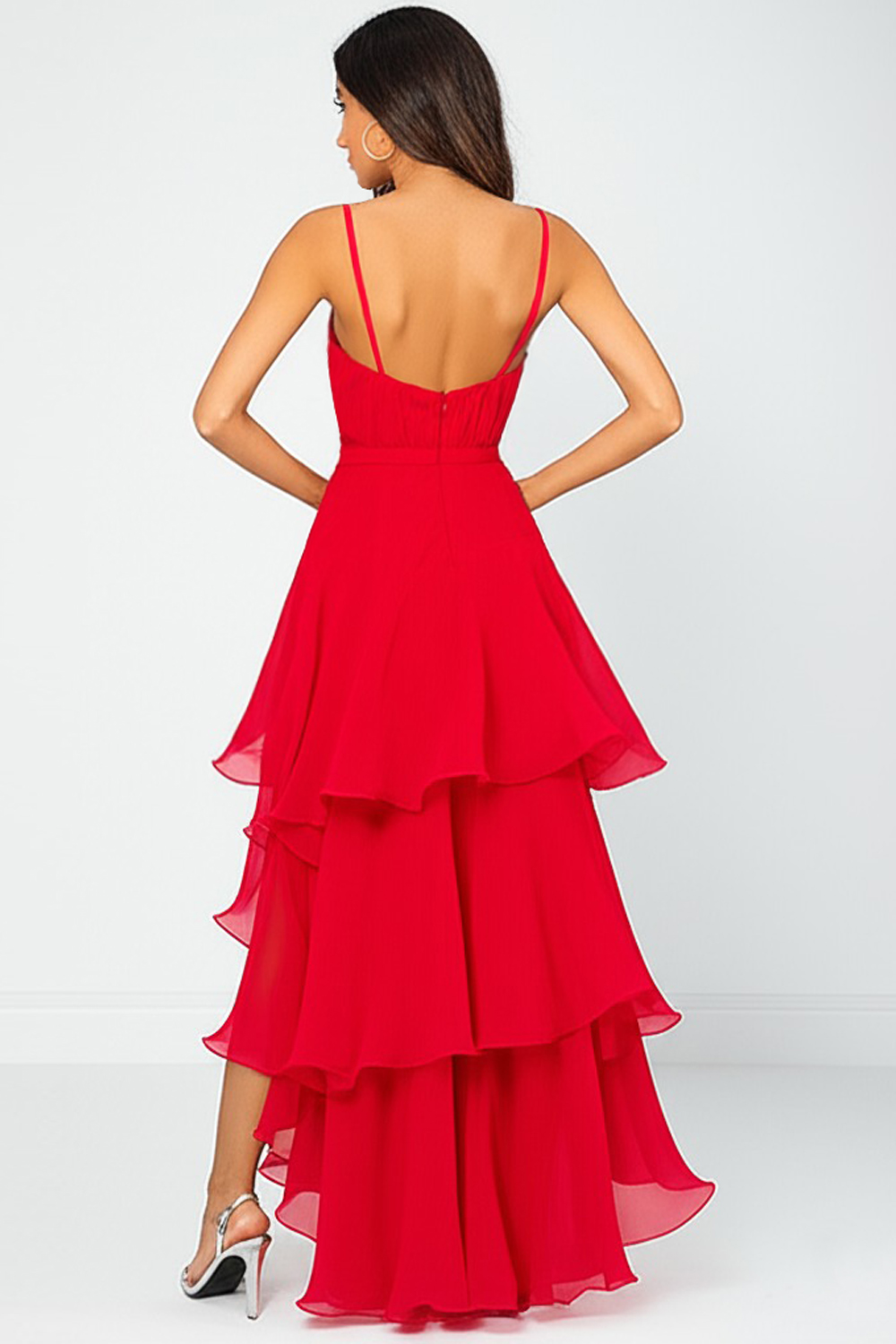 Red V-Neck A Line Long Chiffon Formal Dress with Ruffles