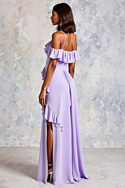 Lilac Ruffled Cold Shoulder Long A Line Chiffon Formal Dress with Slit